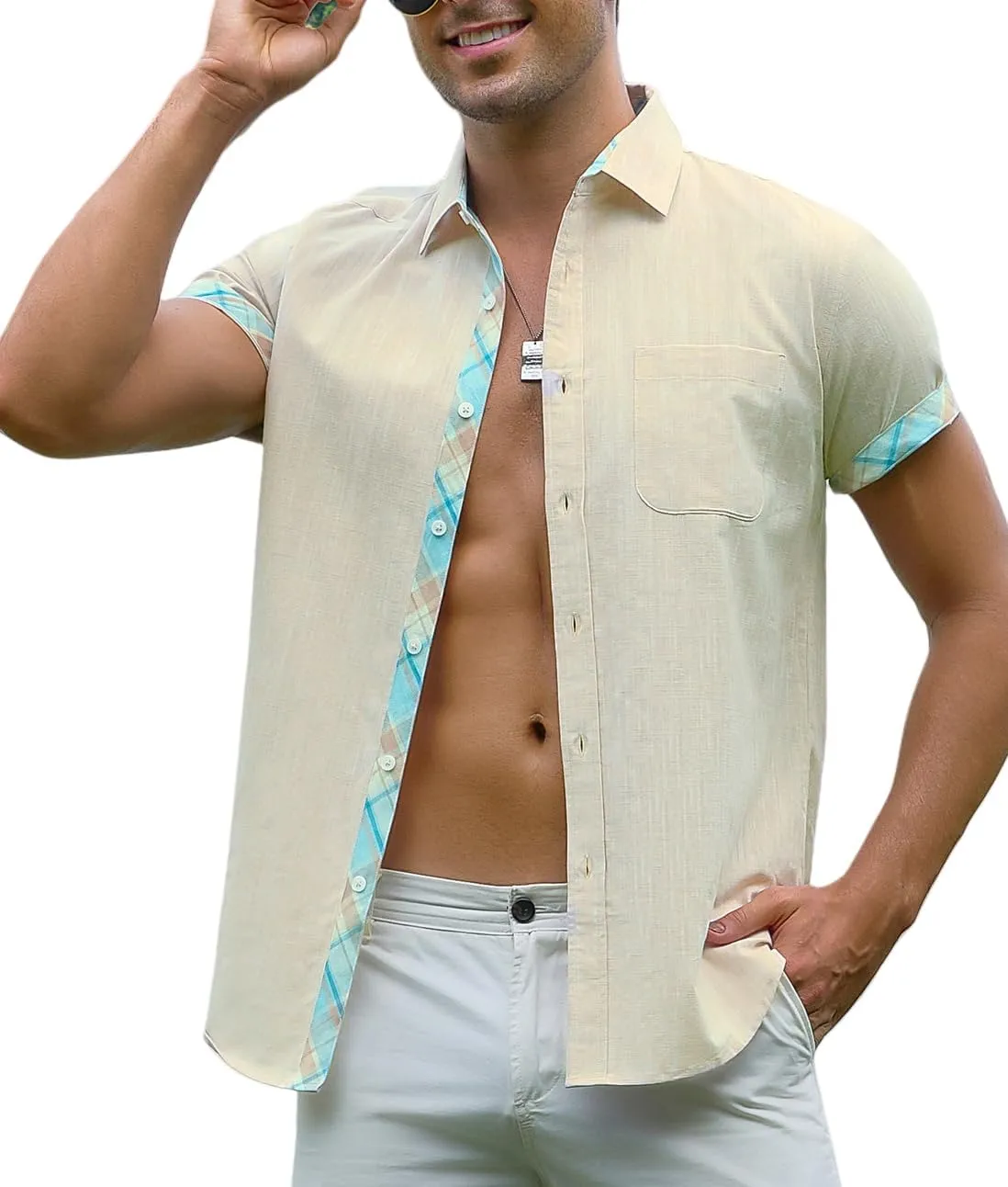 Alex Vando Mens Dress Shirts 4-Way Stretch Wrinkle Free Regular Fit Short Sleeve Men Button Down Shirt