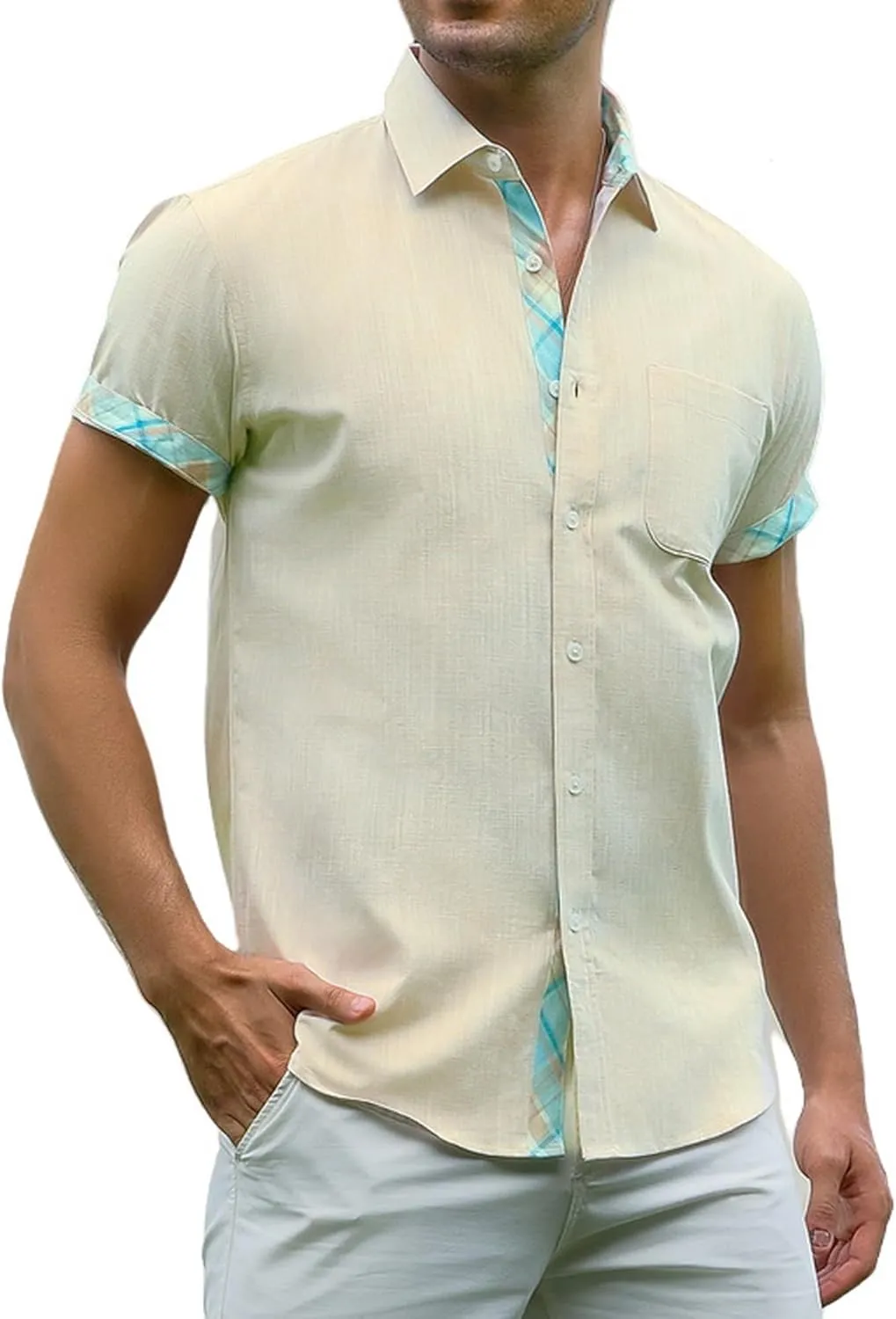 Alex Vando Mens Dress Shirts 4-Way Stretch Wrinkle Free Regular Fit Short Sleeve Men Button Down Shirt