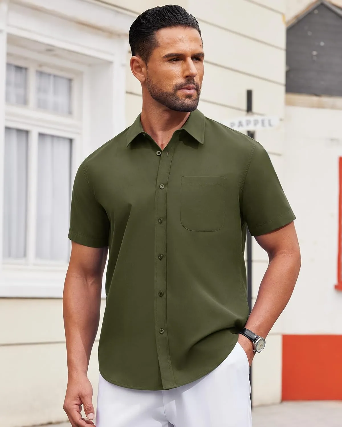 Alimens & Gentle Mens Short Sleeve Dress Shirt Wrinkle Free Solid Casual Button Down Shirts for Summer Business Wedding