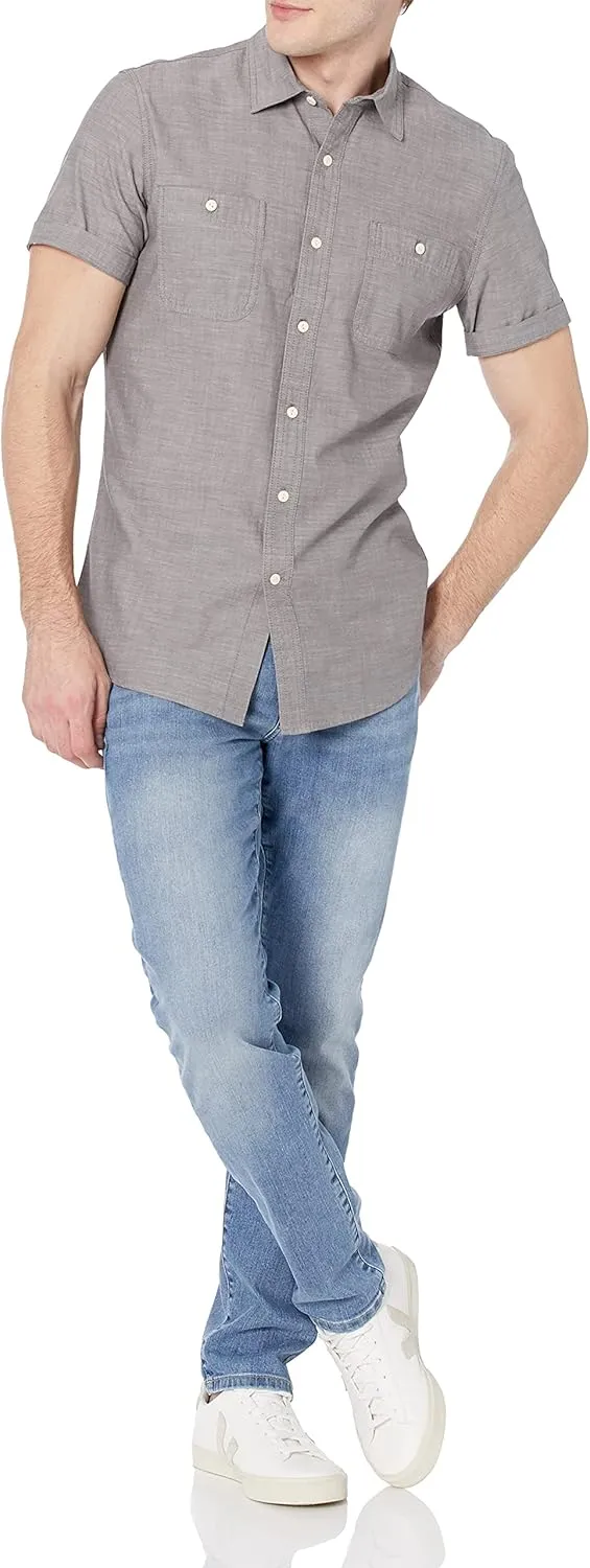 Amazon Essentials Men's Regular-Fit, Short-Sleeve Button-Down Chambray Shirt