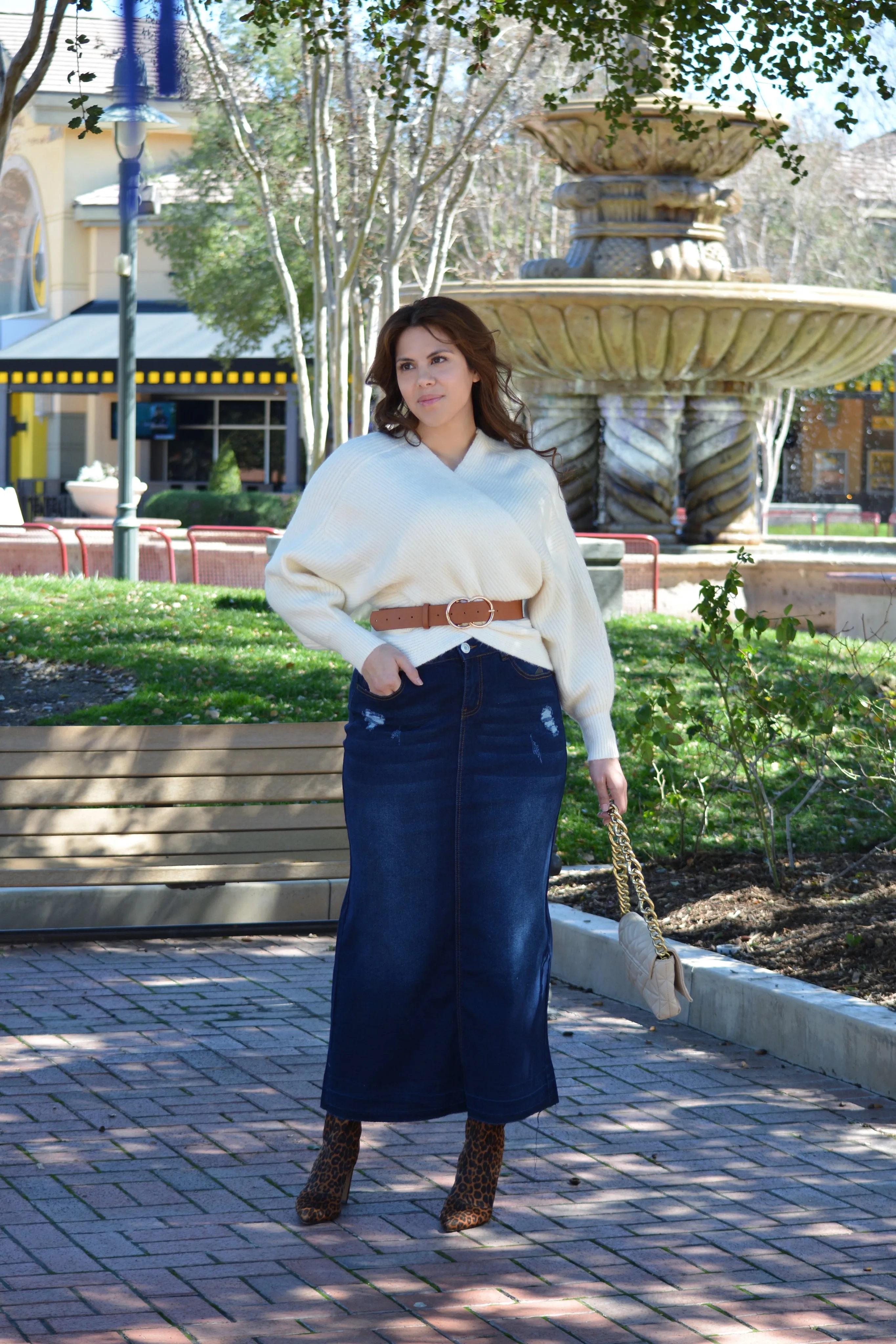Ambrie Slightly Distressed Maxi Length Dark Denim Skirt