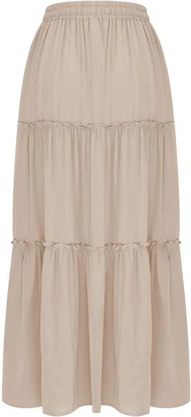 Boho Skirts for Women 2025 Summer Trendy High Waist Ruffle Maxi Skirt Casual Flowy Solid Pleated Skirt with Pockets