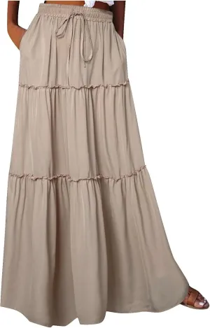 Boho Skirts for Women 2025 Summer Trendy High Waist Ruffle Maxi Skirt Casual Flowy Solid Pleated Skirt with Pockets