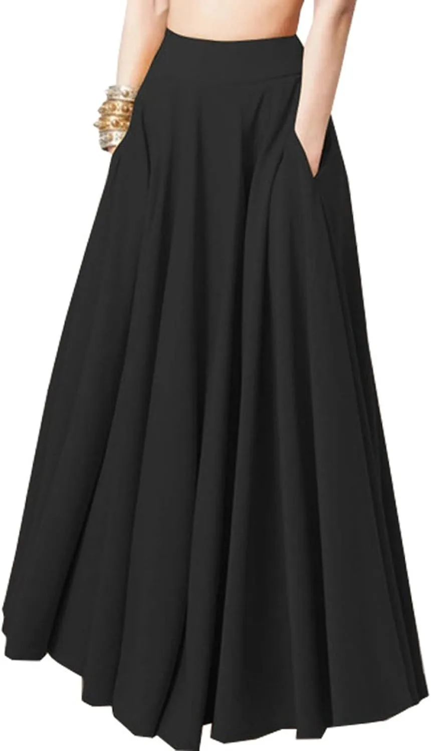 Boho Skirts for Women 2025 Summer Trendy High Waist Ruffle Maxi Skirt Casual Flowy Solid Pleated Skirt with Pockets
