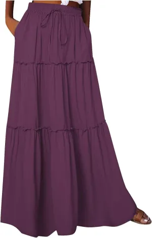 Boho Skirts for Women 2025 Summer Trendy High Waist Ruffle Maxi Skirt Casual Flowy Solid Pleated Skirt with Pockets