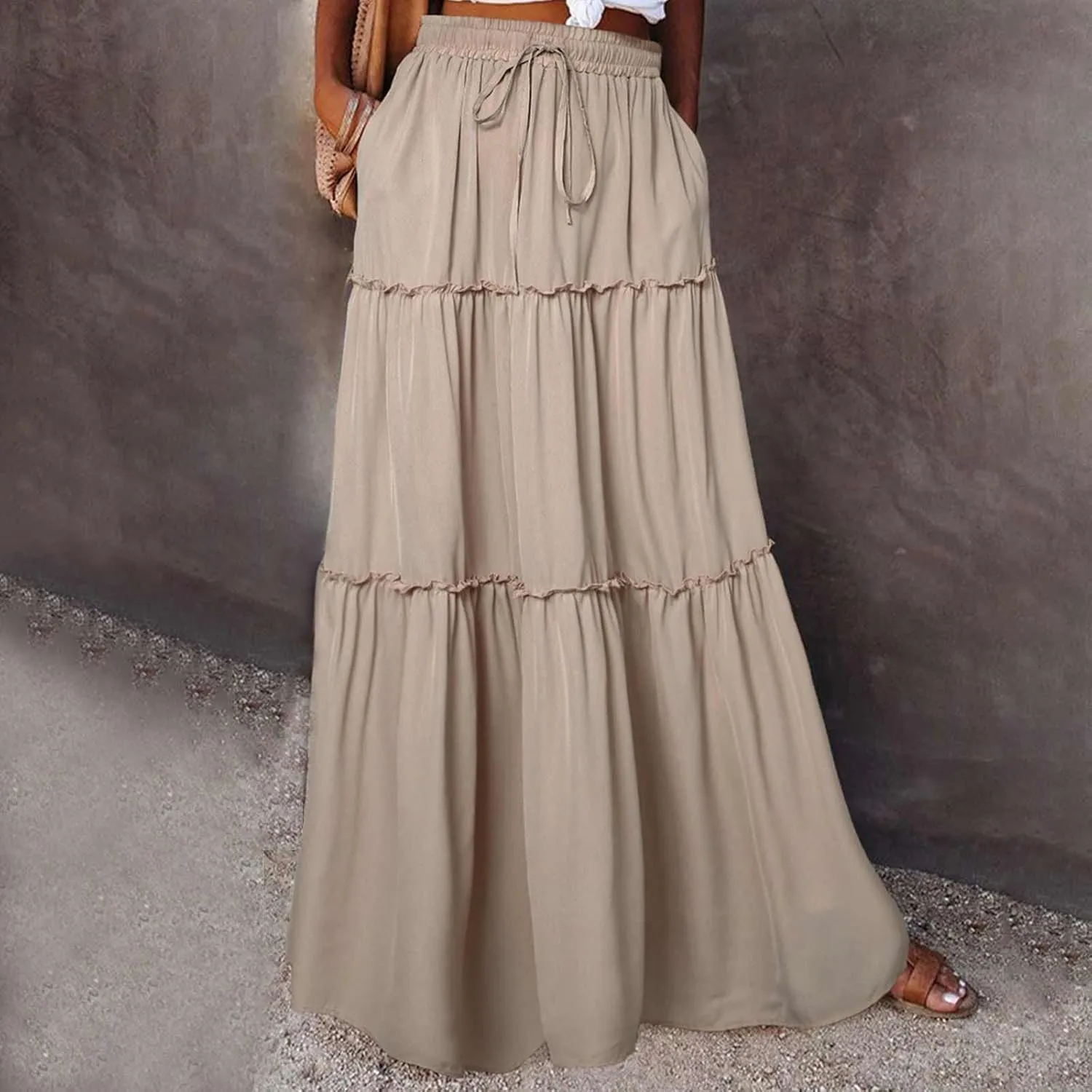 Boho Skirts for Women 2025 Summer Trendy High Waist Ruffle Maxi Skirt Casual Flowy Solid Pleated Skirt with Pockets