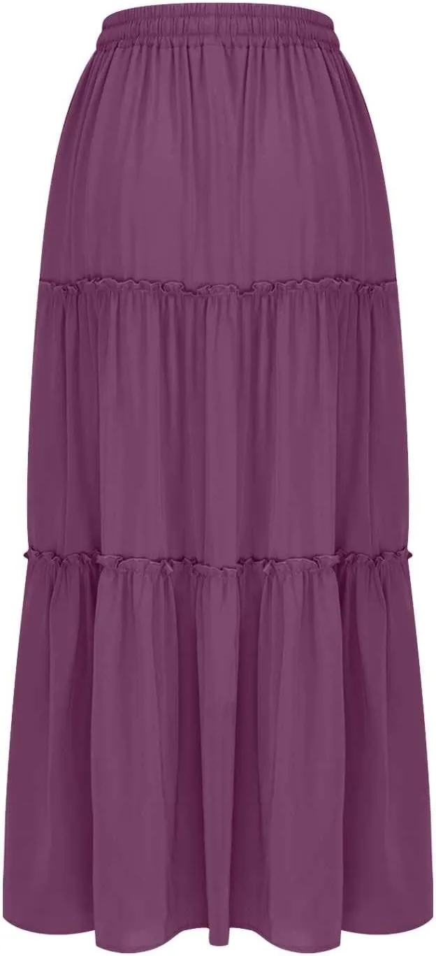 Boho Skirts for Women 2025 Summer Trendy High Waist Ruffle Maxi Skirt Casual Flowy Solid Pleated Skirt with Pockets