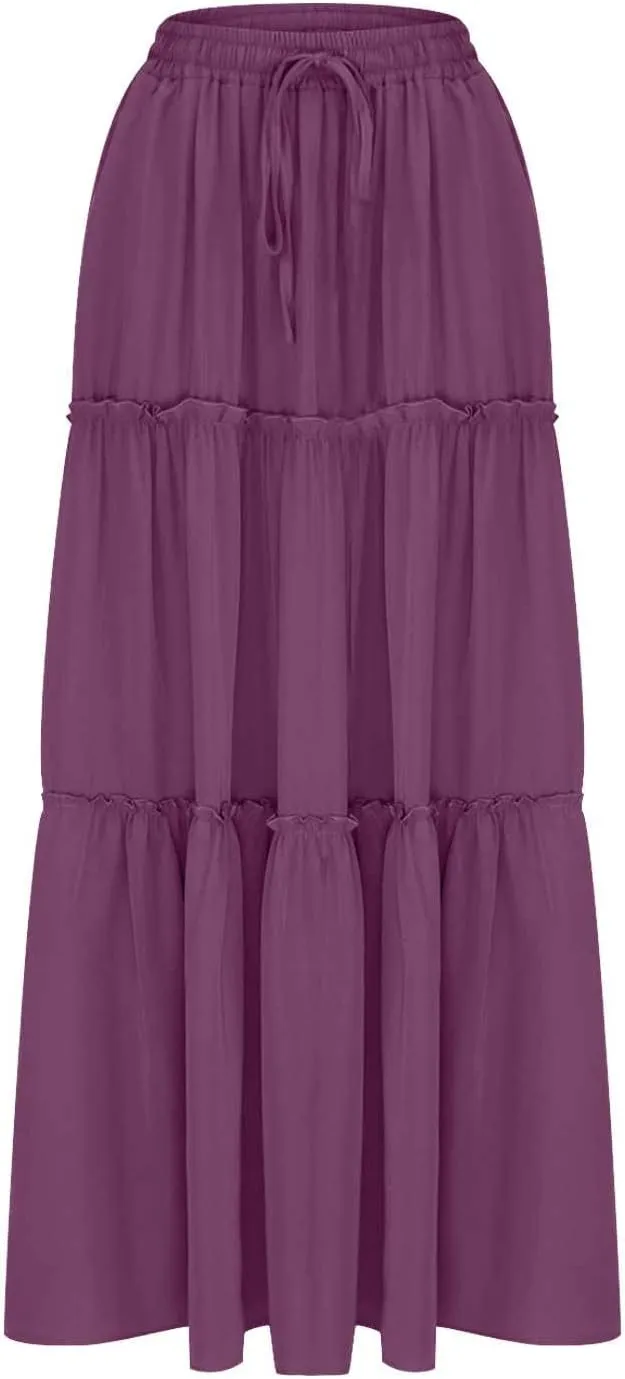 Boho Skirts for Women 2025 Summer Trendy High Waist Ruffle Maxi Skirt Casual Flowy Solid Pleated Skirt with Pockets