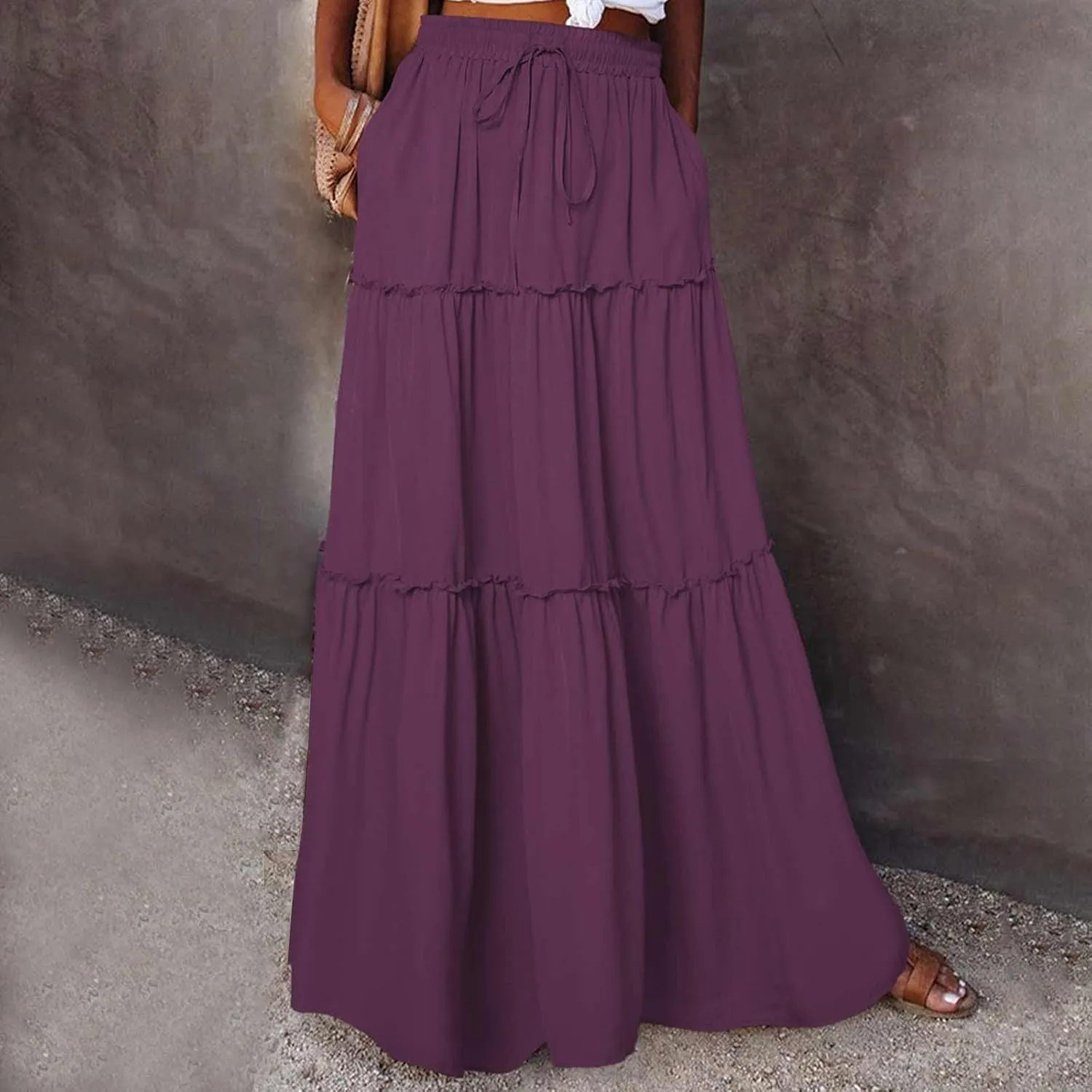 Boho Skirts for Women 2025 Summer Trendy High Waist Ruffle Maxi Skirt Casual Flowy Solid Pleated Skirt with Pockets