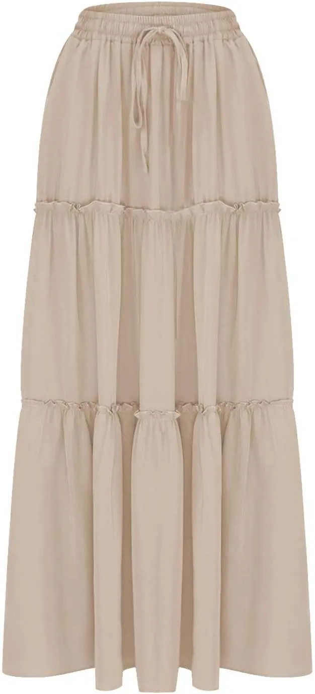 Boho Skirts for Women 2025 Summer Trendy High Waist Ruffle Maxi Skirt Casual Flowy Solid Pleated Skirt with Pockets