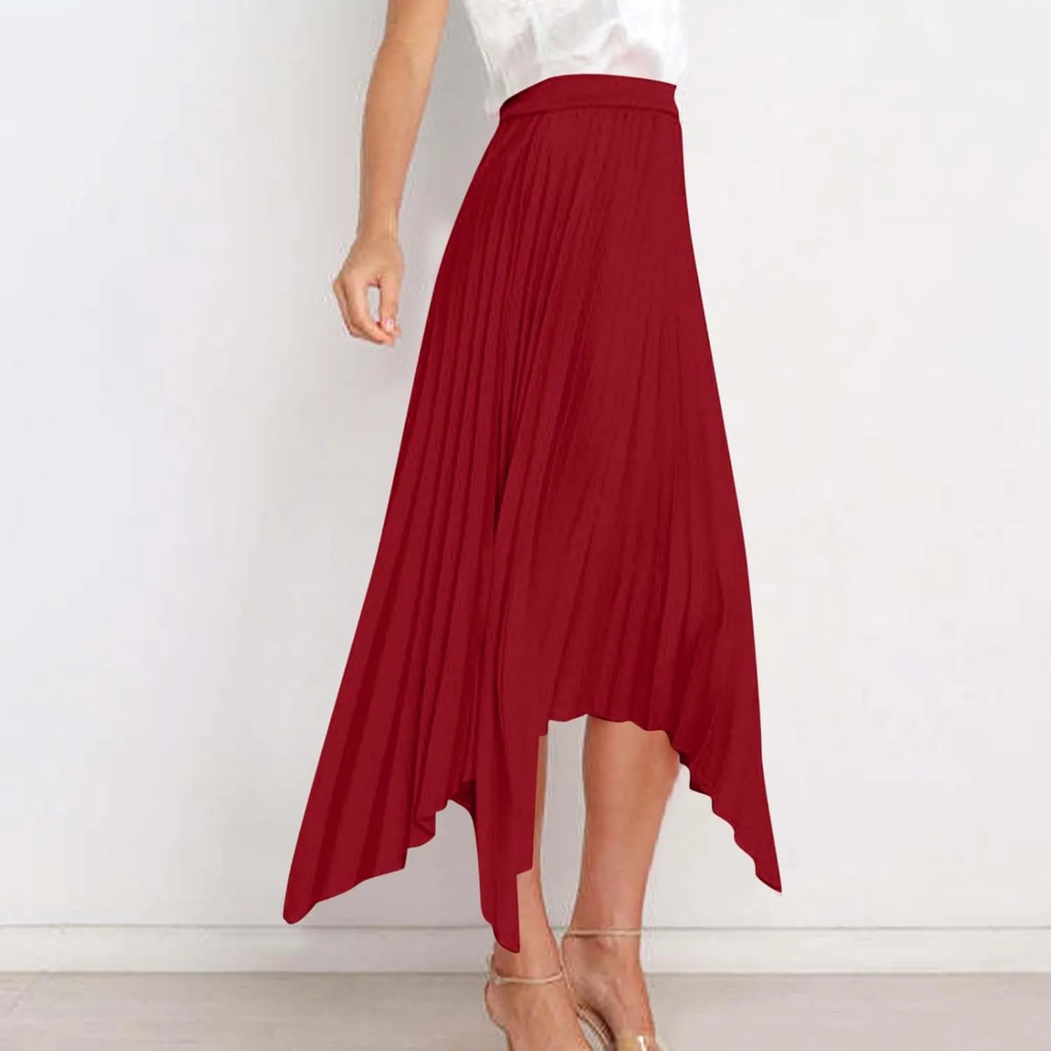 Boho Skirts for Women Casual Soft High Waisted Asymmetrical Maxi Skirt Womens Summer Long Pleated Skirt Midi Length