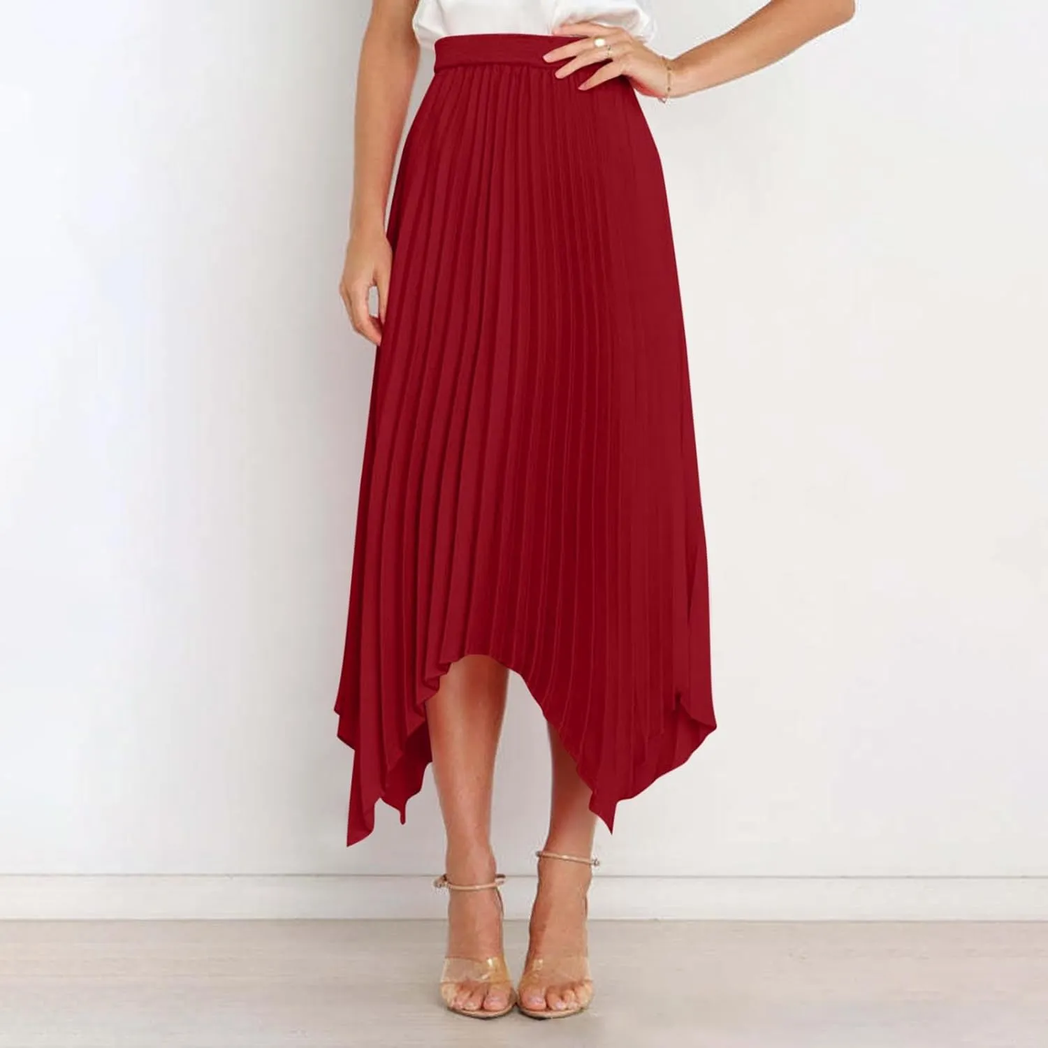 Boho Skirts for Women Casual Soft High Waisted Asymmetrical Maxi Skirt Womens Summer Long Pleated Skirt Midi Length