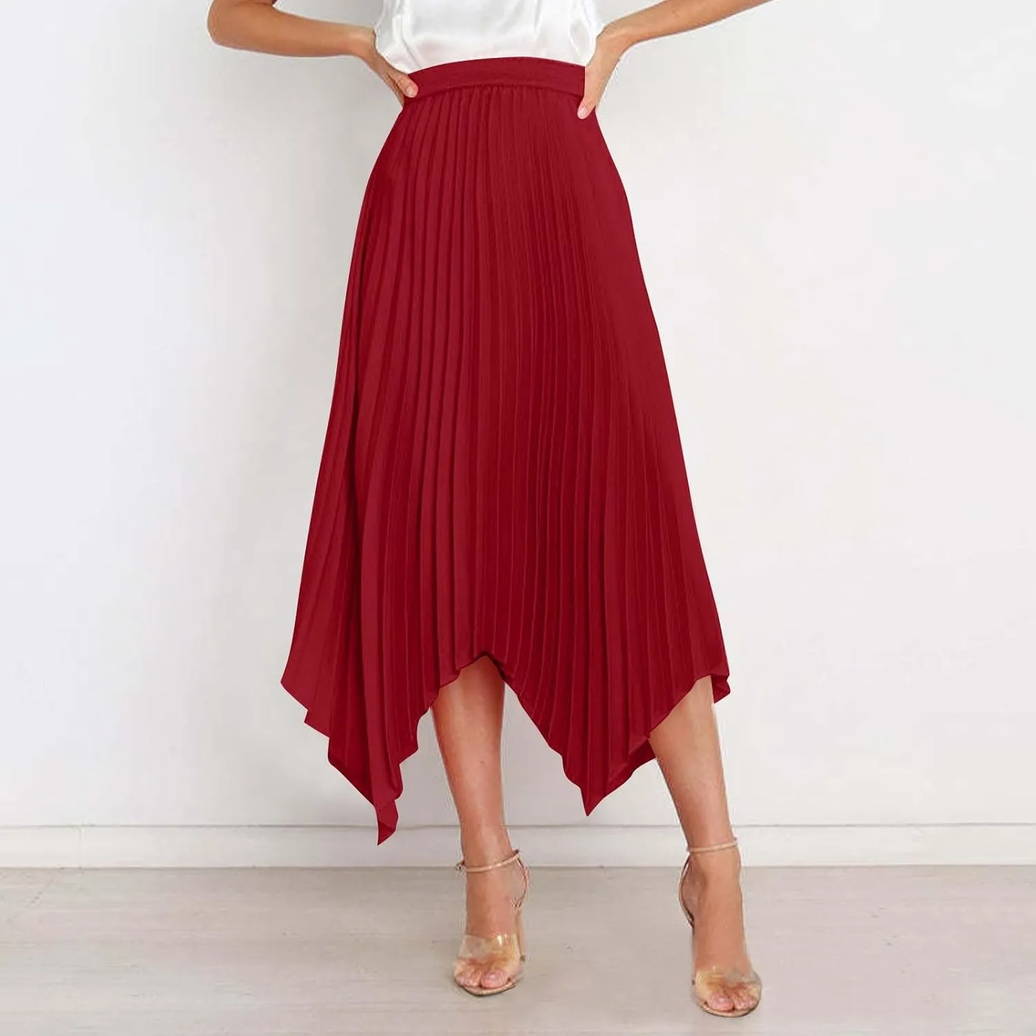 Boho Skirts for Women Casual Soft High Waisted Asymmetrical Maxi Skirt Womens Summer Long Pleated Skirt Midi Length