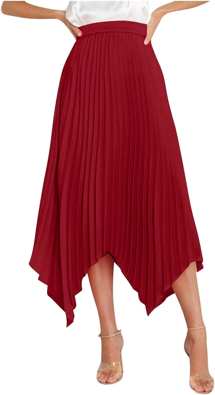 Boho Skirts for Women Casual Soft High Waisted Asymmetrical Maxi Skirt Womens Summer Long Pleated Skirt Midi Length