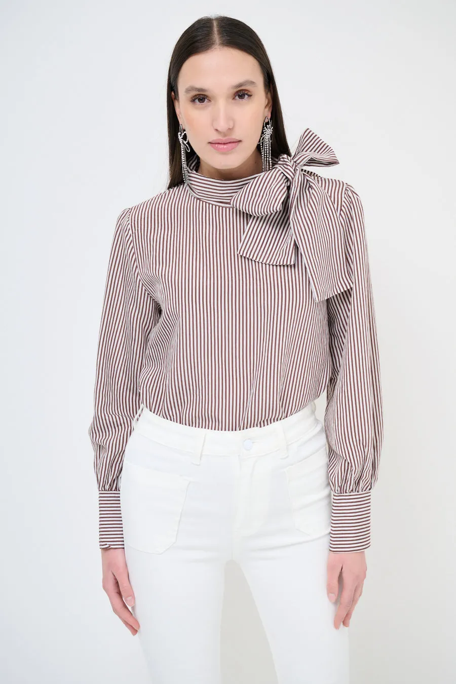 Bow-tie striped blouse with puff sleeves wholesale