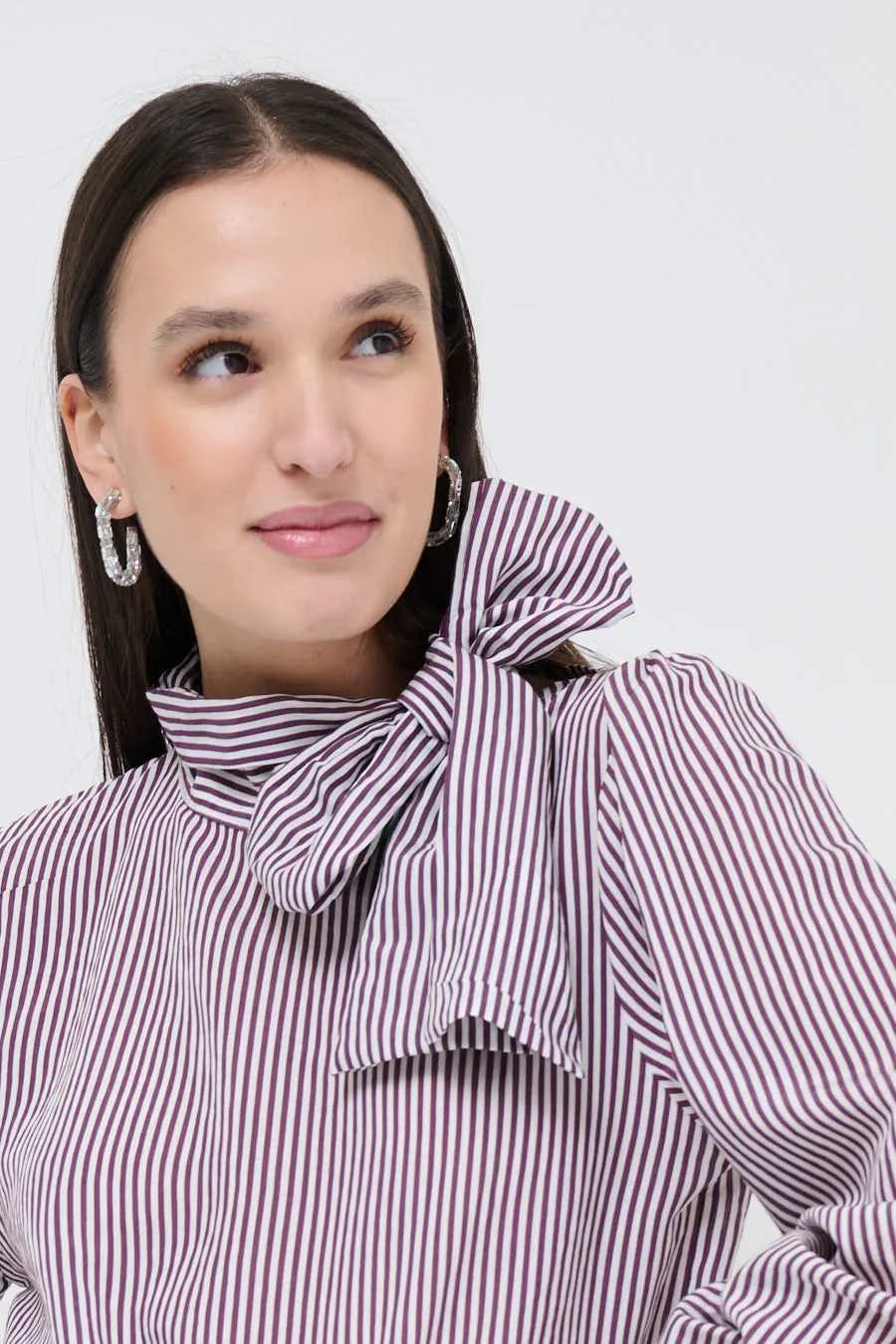 Bow-tie striped blouse with puff sleeves wholesale