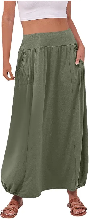 Bubble Skirts for Women 2025 Summer Trendy Elastic Waist Long Skirt Ankle Length Beach Boho Skirt with Pockets