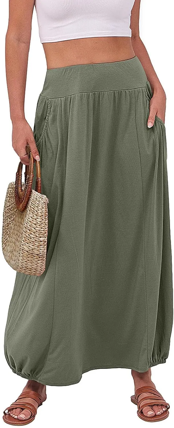 Bubble Skirts for Women 2025 Summer Trendy Elastic Waist Long Skirt Ankle Length Beach Boho Skirt with Pockets