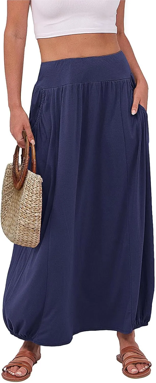 Bubble Skirts for Women 2025 Summer Trendy Elastic Waist Long Skirt Ankle Length Beach Boho Skirt with Pockets