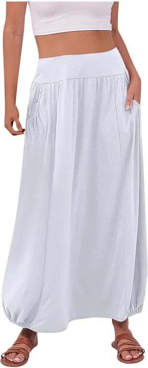 Bubble Skirts for Women 2025 Summer Trendy Elastic Waist Long Skirt Ankle Length Beach Boho Skirt with Pockets