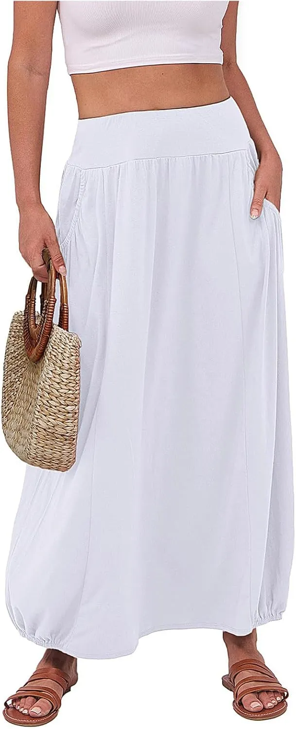 Bubble Skirts for Women 2025 Summer Trendy Elastic Waist Long Skirt Ankle Length Beach Boho Skirt with Pockets