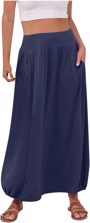 Bubble Skirts for Women 2025 Summer Trendy Elastic Waist Long Skirt Ankle Length Beach Boho Skirt with Pockets