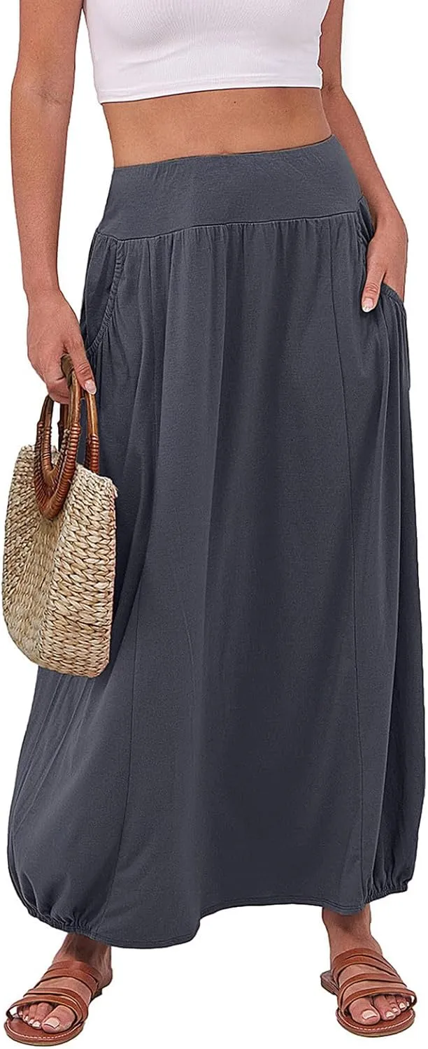 Bubble Skirts for Women 2025 Summer Trendy Elastic Waist Long Skirt Ankle Length Beach Boho Skirt with Pockets