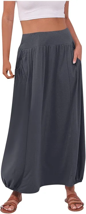 Bubble Skirts for Women 2025 Summer Trendy Elastic Waist Long Skirt Ankle Length Beach Boho Skirt with Pockets