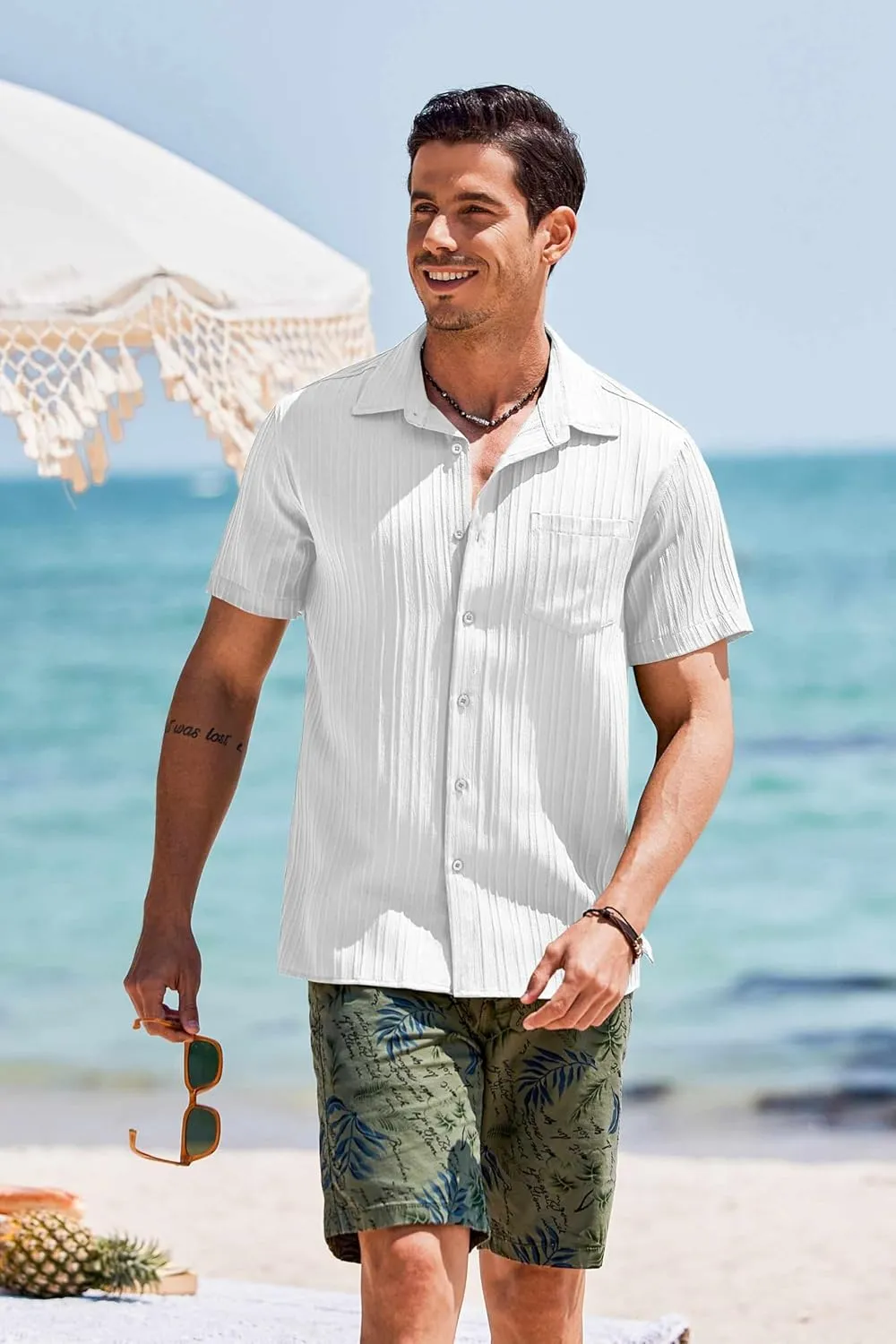 COOFANDY Men's Short Sleeve Casual Button Down Shirts Textured Summer Beach Shirt with Pocket