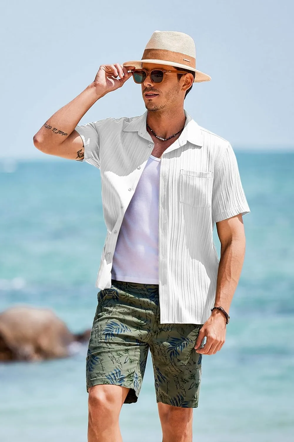 COOFANDY Men's Short Sleeve Casual Button Down Shirts Textured Summer Beach Shirt with Pocket