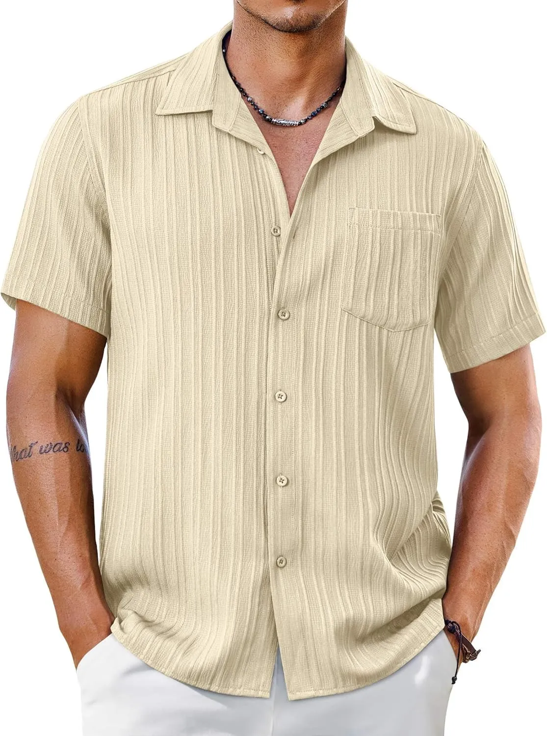 COOFANDY Men's Short Sleeve Casual Button Down Shirts Textured Summer Beach Shirt with Pocket
