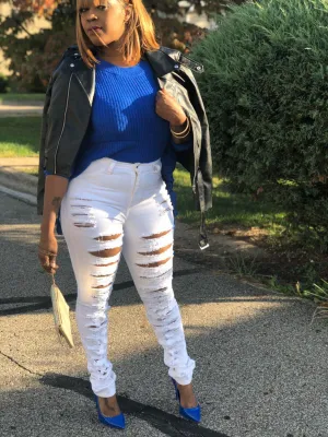 Cut You Off Snow White Destroyed High Waist Denim Skinny Jeans