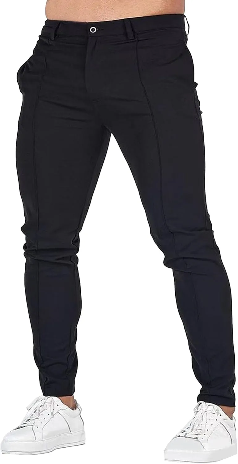 DGHM-JLMY Men's Solid Color Chinos Lightweight Casual Slim Fit Stretch Pants Flat-Front Skinny Regular Dress Pants