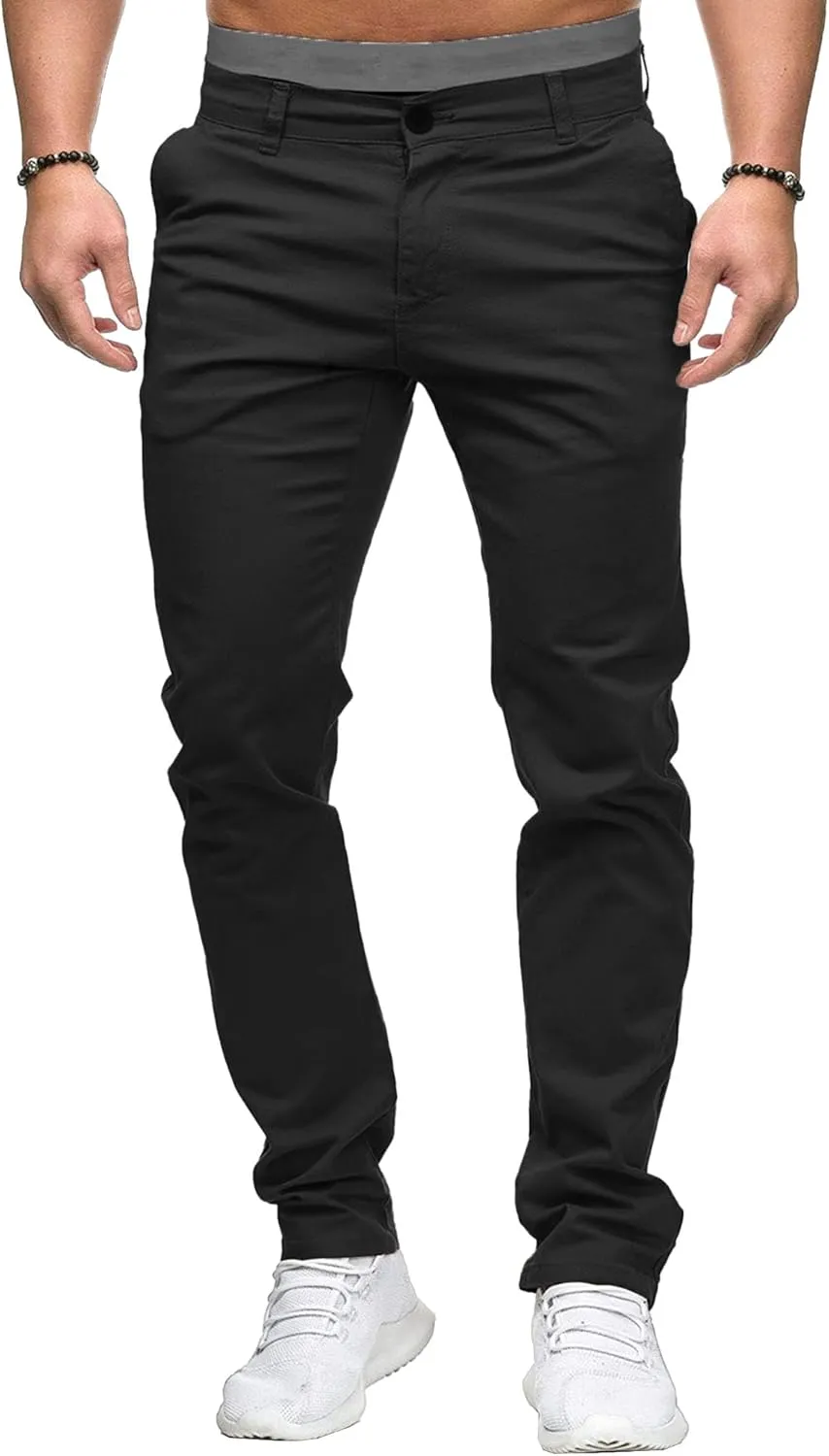 DGHM-JLMY Men's Solid Color Chinos Lightweight Casual Slim Fit Stretch Pants Flat-Front Skinny Regular Dress Pants