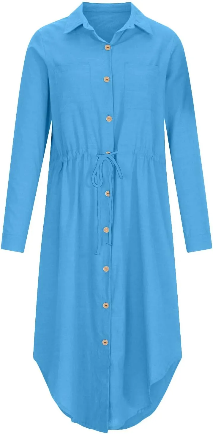 Dresses for Women Fall 2024 Plus Size Button Down Ankle Length Dresses Cotton Linen Empire Waist Maxi Long Dresses