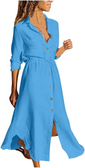 Dresses for Women Fall 2024 Plus Size Button Down Ankle Length Dresses Cotton Linen Empire Waist Maxi Long Dresses