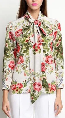 Floral-Printed Pussy-Bow Silk Blouse *Limtied Stock*