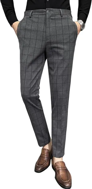 JEShifangjiusu Mens Front Flat Casual Dress Pants Slim Fit Stretch Fashion Plaid Pant Skinny Comfort Chinos Dress Pants