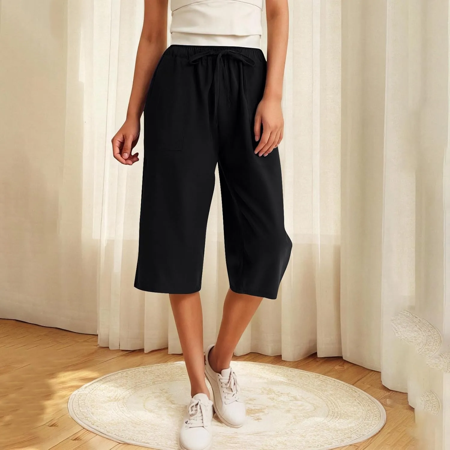 Linen Capri Pants for Women Casual Summer Plus Size Capris Drawstring High Waist Wide Leg Cropped Trouser with Pocket