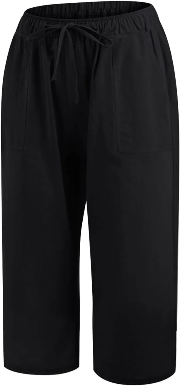 Linen Capri Pants for Women Casual Summer Plus Size Capris Drawstring High Waist Wide Leg Cropped Trouser with Pocket