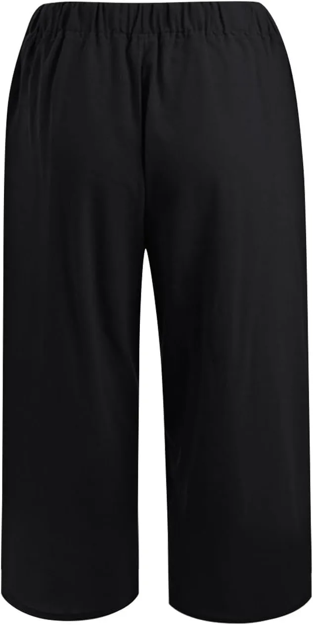 Linen Capri Pants for Women Casual Summer Plus Size Capris Drawstring High Waist Wide Leg Cropped Trouser with Pocket