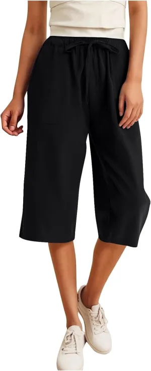 Linen Capri Pants for Women Casual Summer Plus Size Capris Drawstring High Waist Wide Leg Cropped Trouser with Pocket