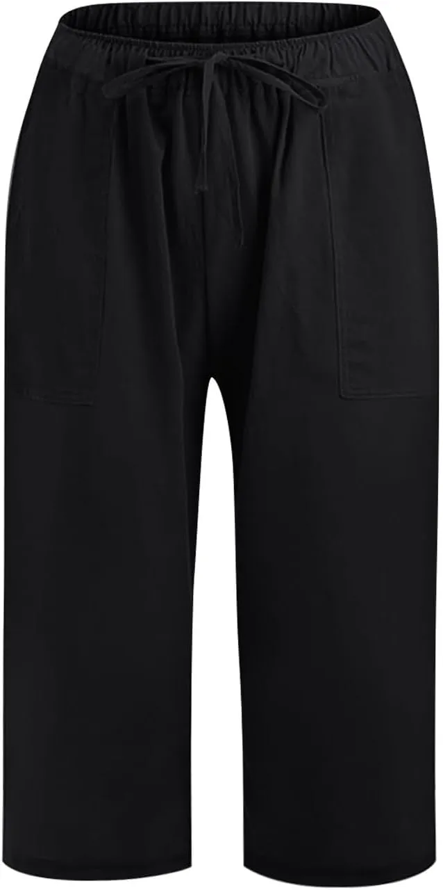 Linen Capri Pants for Women Casual Summer Plus Size Capris Drawstring High Waist Wide Leg Cropped Trouser with Pocket