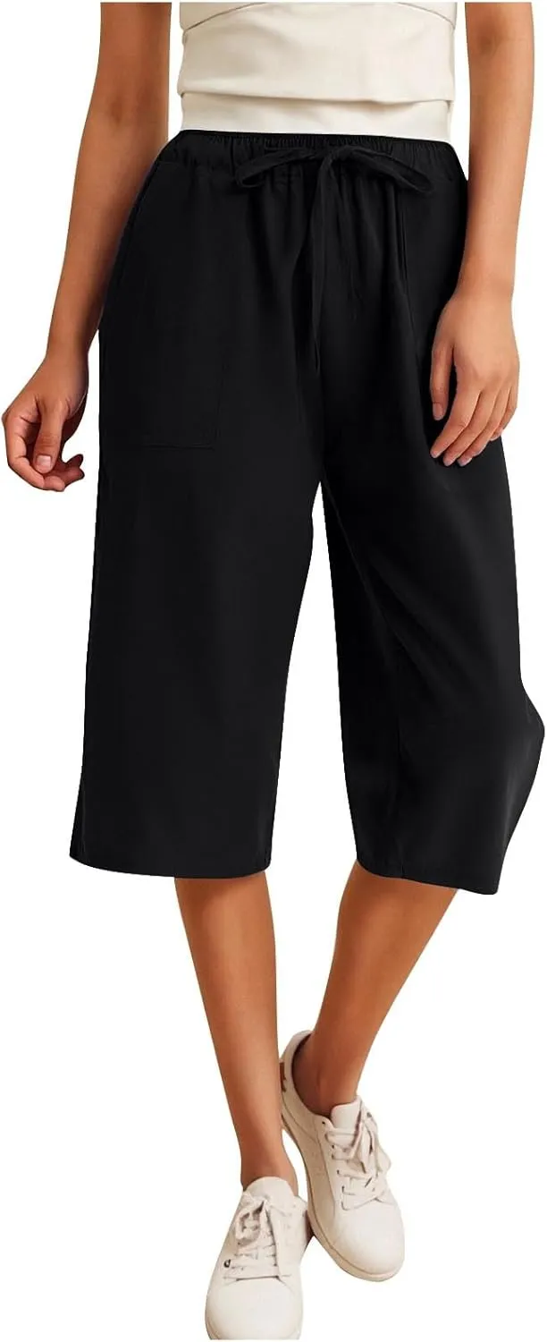 Linen Capri Pants for Women Casual Summer Plus Size Capris Drawstring High Waist Wide Leg Cropped Trouser with Pocket