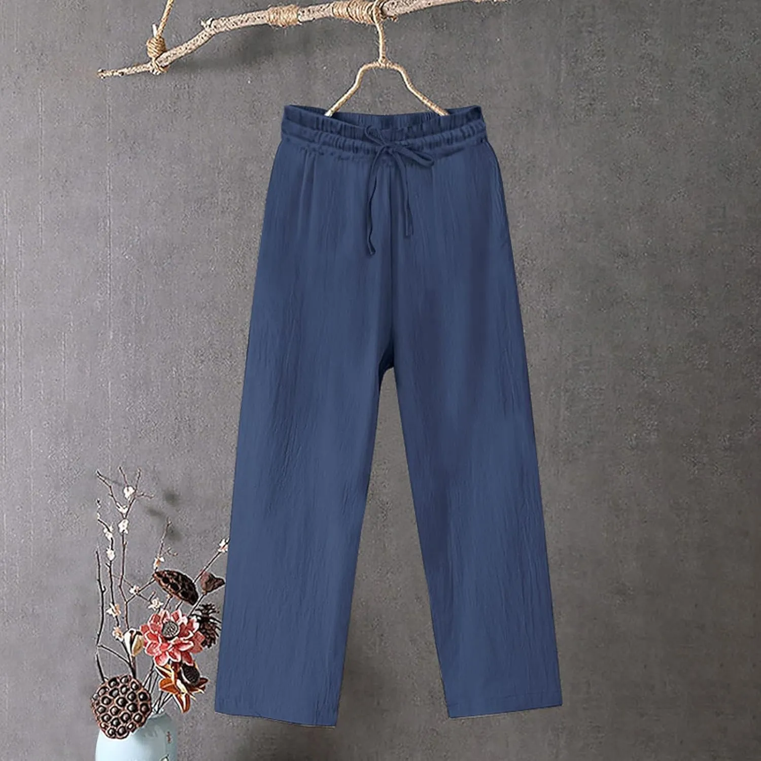 Linen Pants for Women High Waisted Wide Leg Flowy Trousers Drawstring Casual Summer Beach Vacation Pant