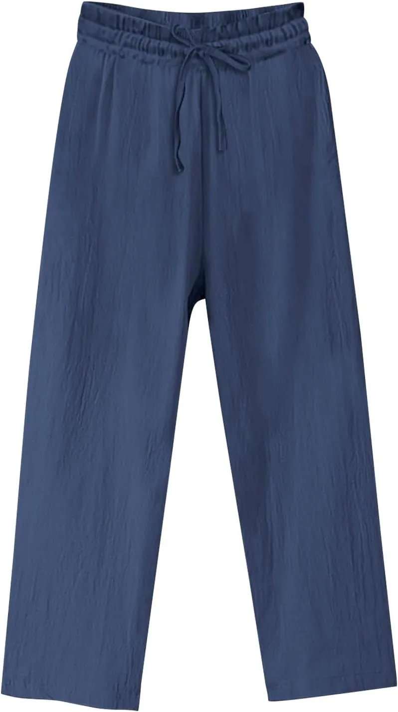 Linen Pants for Women High Waisted Wide Leg Flowy Trousers Drawstring Casual Summer Beach Vacation Pant