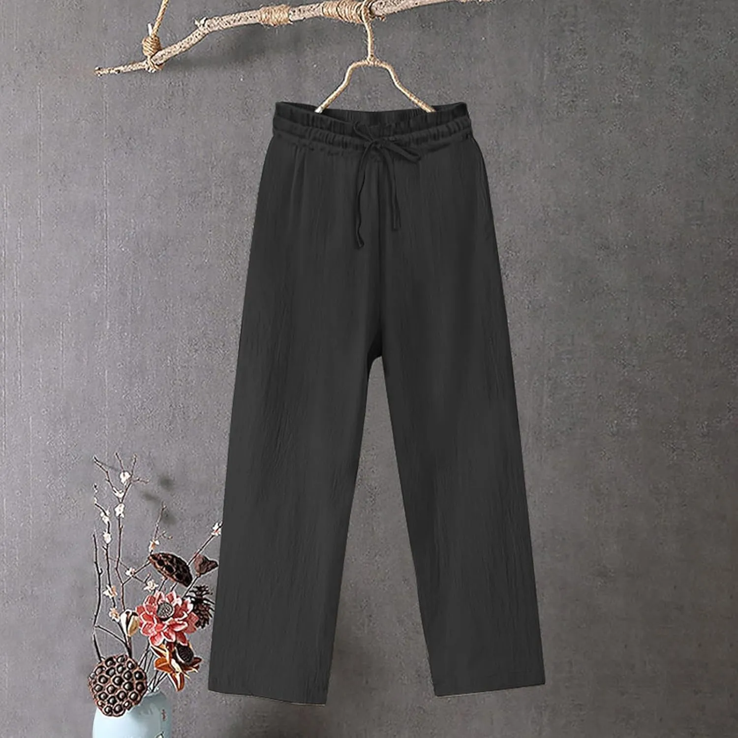 Linen Pants for Women High Waisted Wide Leg Flowy Trousers Drawstring Casual Summer Beach Vacation Pant