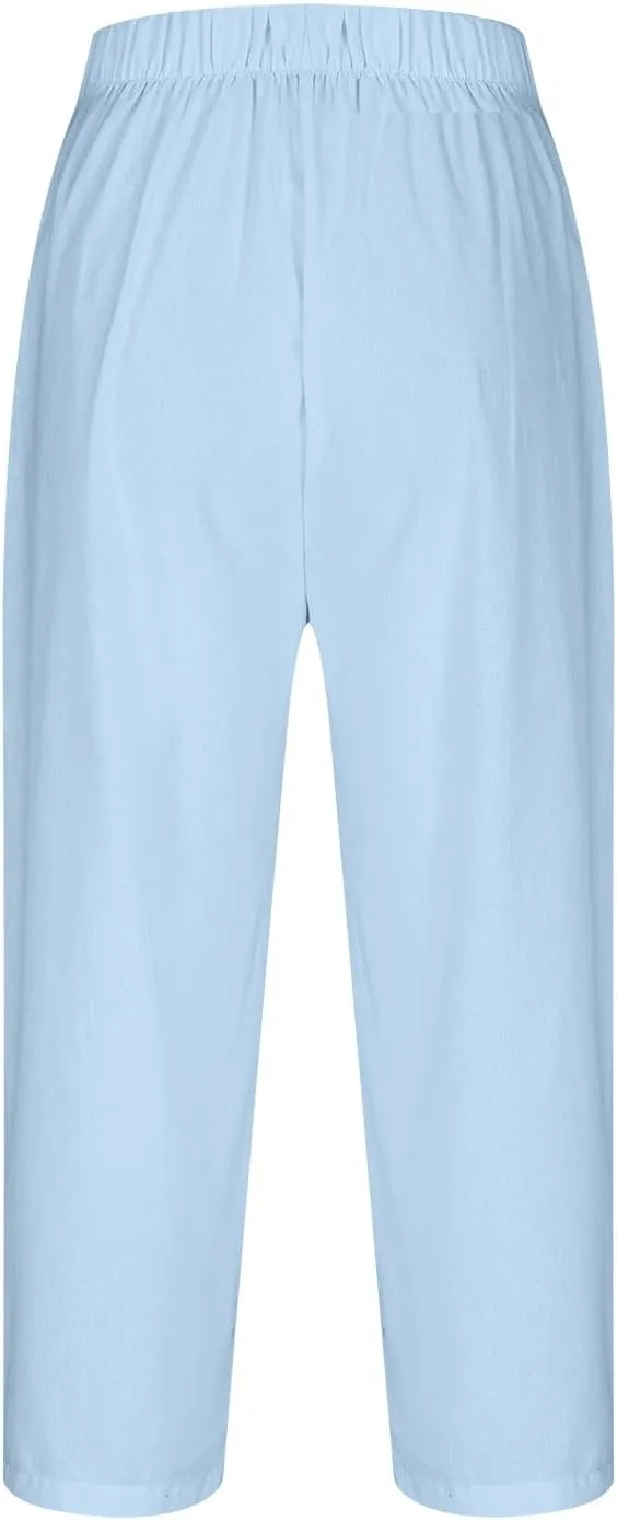 Linen Pants Women Lightweight Summer Casual Straight Leg Capri Pant with Pockets Elastic High Waisted Trousers