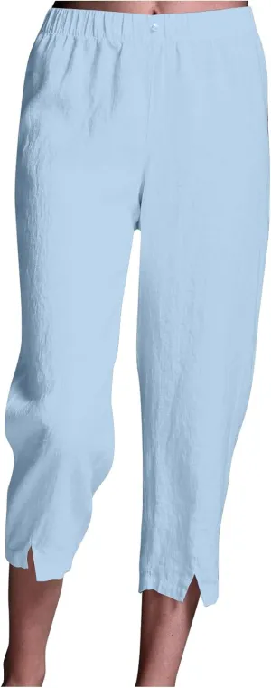 Linen Pants Women Lightweight Summer Casual Straight Leg Capri Pant with Pockets Elastic High Waisted Trousers