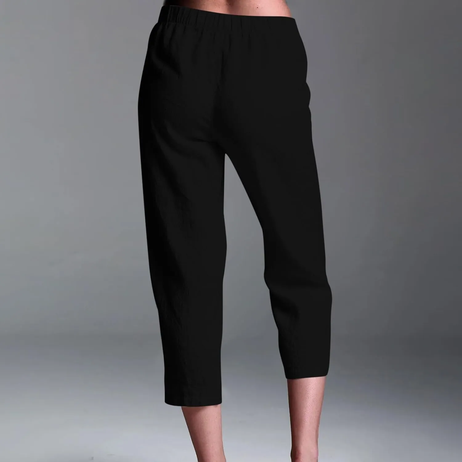 Linen Pants Women Lightweight Summer Casual Straight Leg Capri Pant with Pockets Elastic High Waisted Trousers